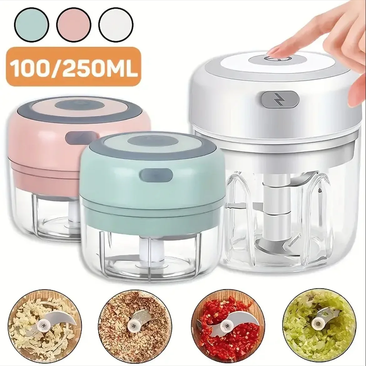 Multifunctional Electric Garlic Chopper 100/250mL Portable Vegetable Grinder Onion Mixer Mashing Machine for Kitchen