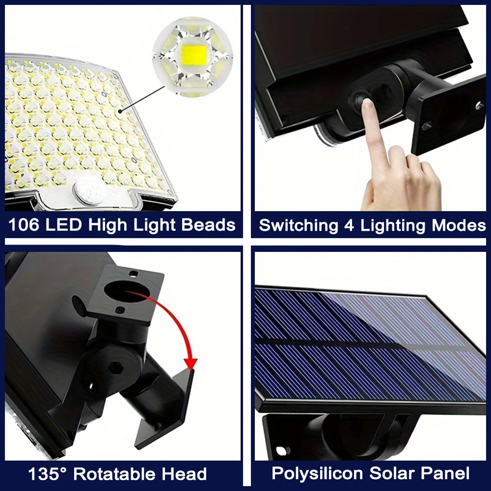 106 LED Solar Motion Sensor Outdoor Wall Light with Remote – Waterproof Security Flood Lamp for Patio, Garden & Garage