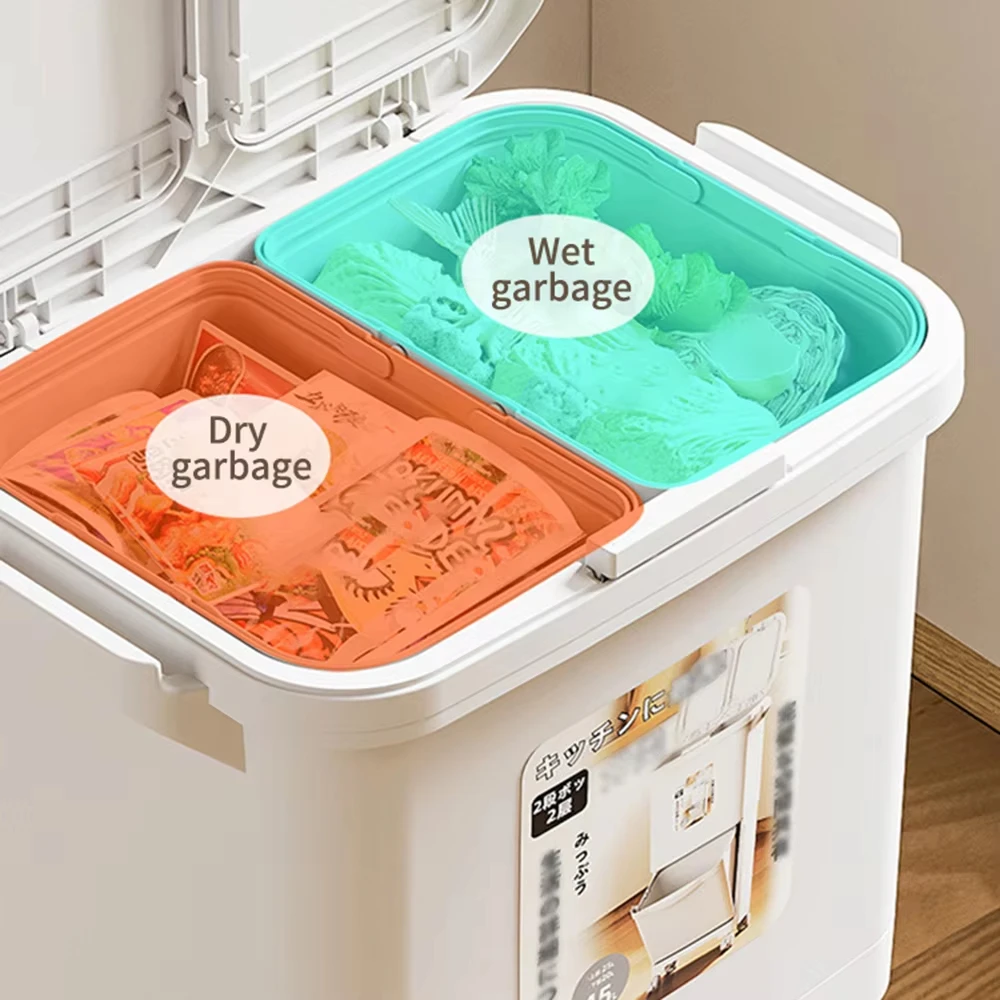 2-Tier Kitchen Recycling Bin with Lid & Wheels – Multi-Compartment Waste Sorting Trash Can