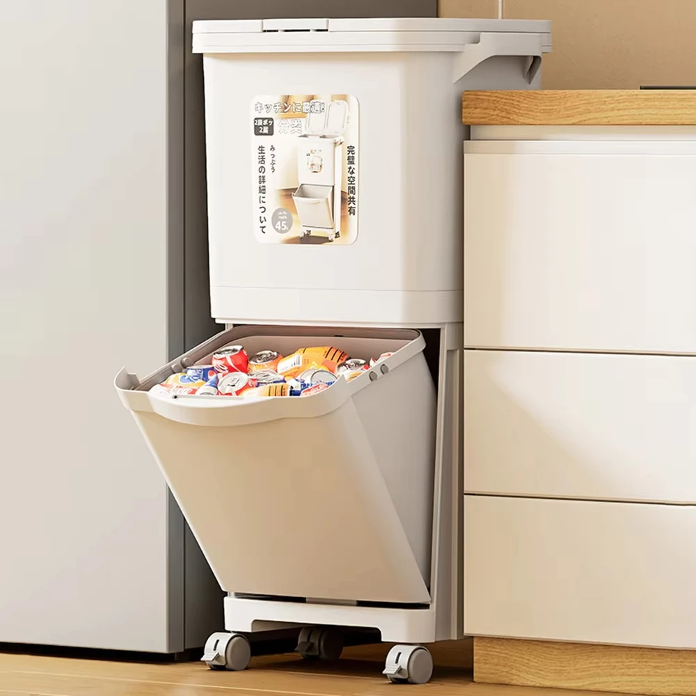 2-Tier Kitchen Recycling Bin with Lid & Wheels – Multi-Compartment Waste Sorting Trash Can