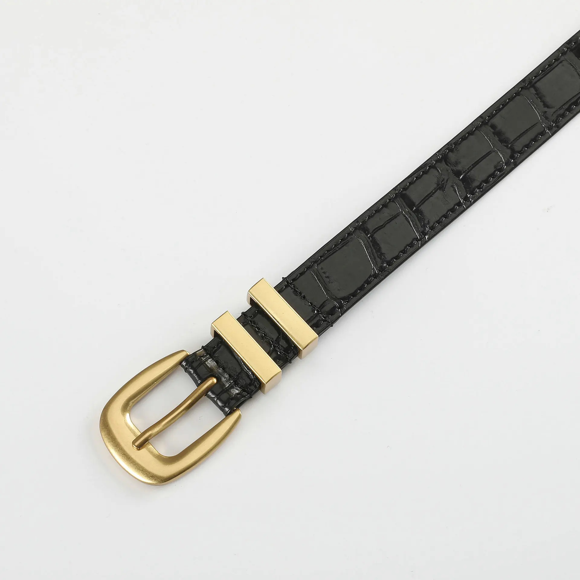 Crocodile Leather Women’s Belt 2.4cm Slim Fashion Waist Belt with Pin Buckle