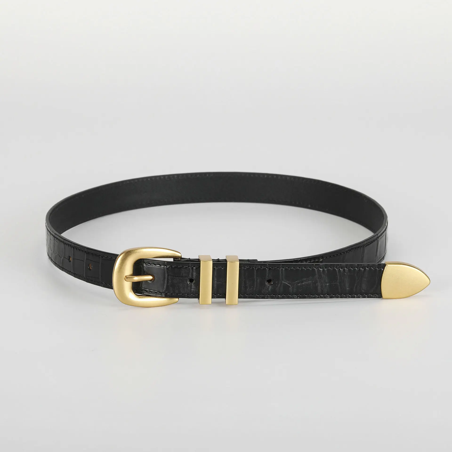 Crocodile Leather Women’s Belt 2.4cm Slim Fashion Waist Belt with Pin Buckle