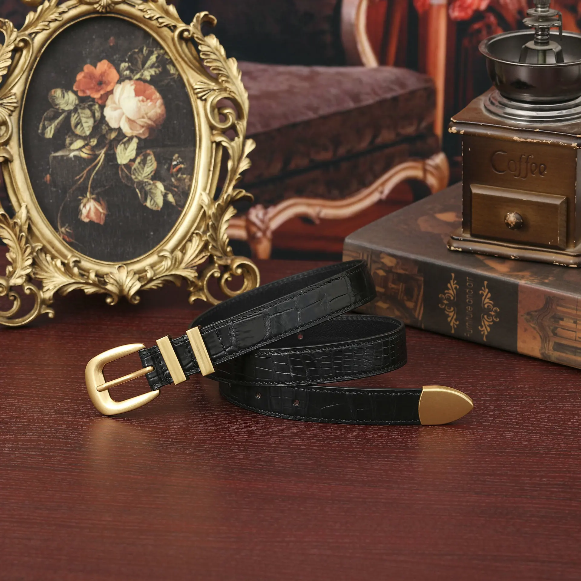 Crocodile Leather Women’s Belt 2.4cm Slim Fashion Waist Belt with Pin Buckle