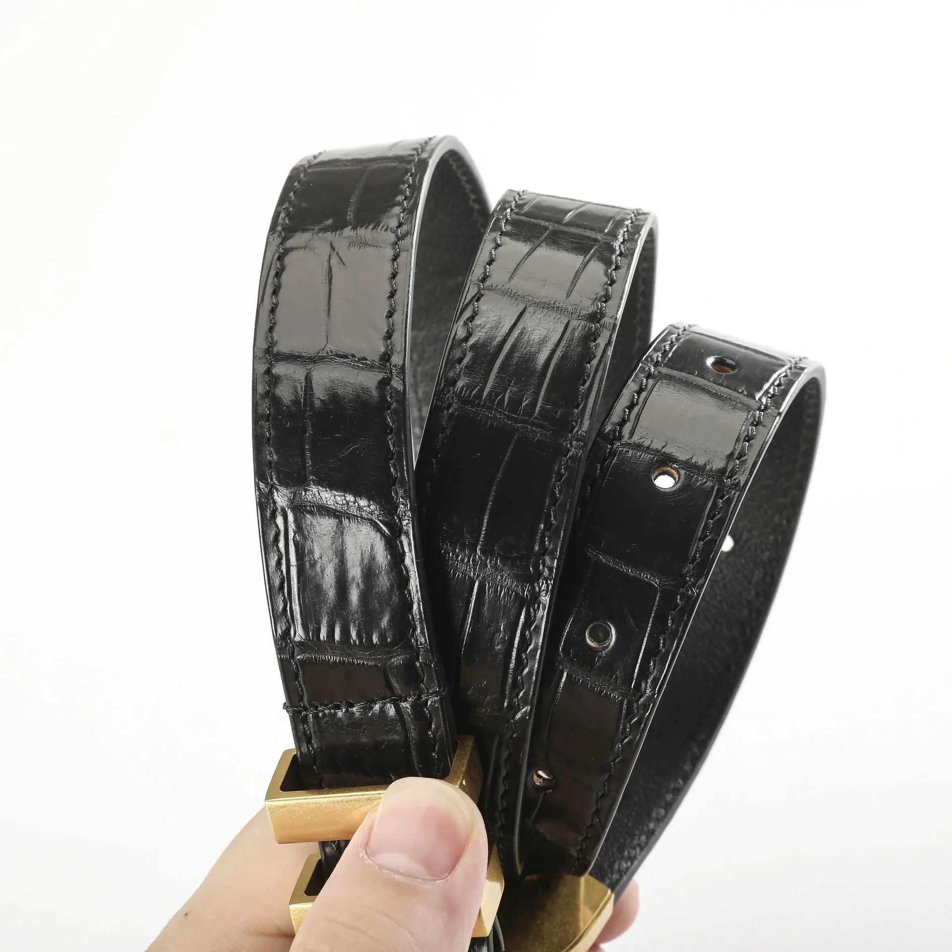 Crocodile Leather Women’s Belt 2.4cm Slim Fashion Waist Belt with Pin Buckle