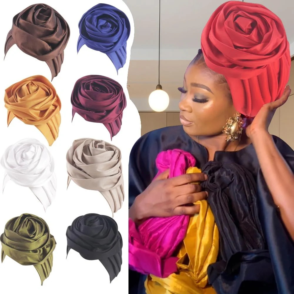 Elegant Rose Flower Turban Cap – Lightweight African Headwrap for Weddings & Parties