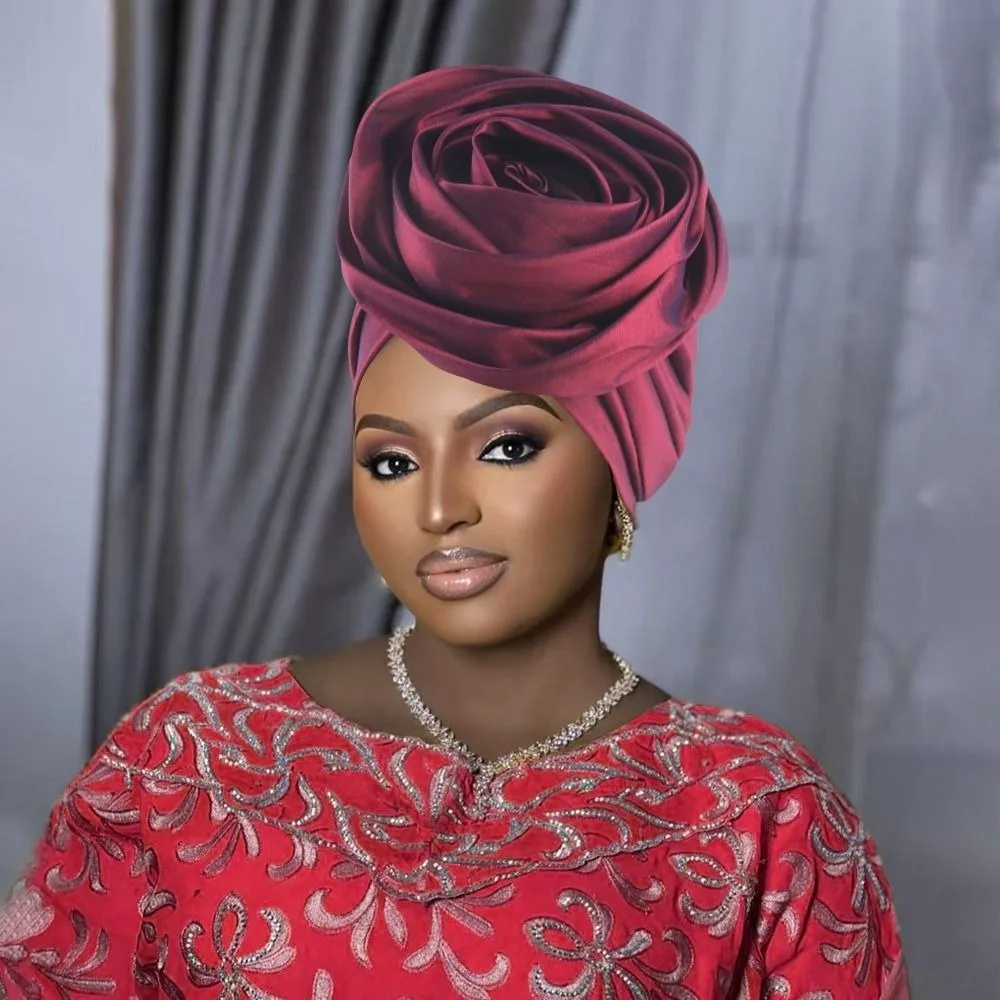 Elegant Rose Flower Turban Cap – Lightweight African Headwrap for Weddings & Parties