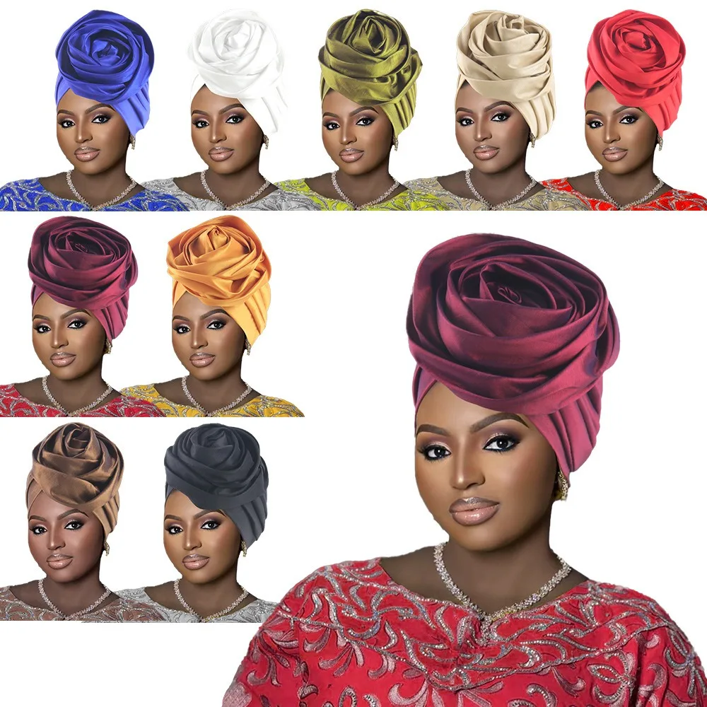 Elegant Rose Flower Turban Cap – Lightweight African Headwrap for Weddings & Parties