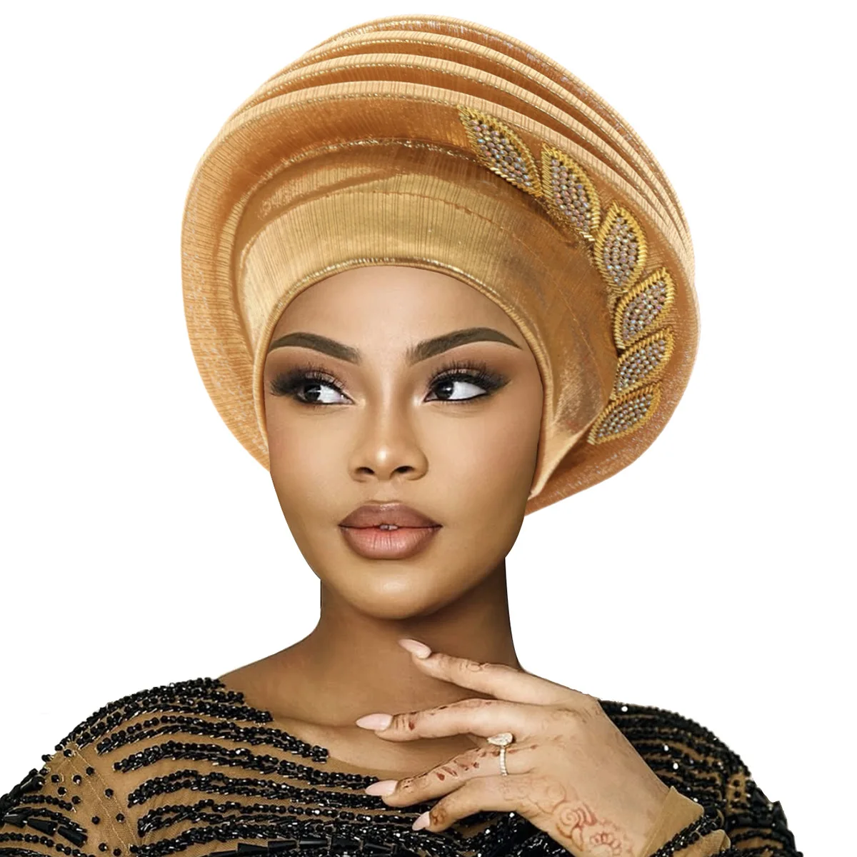 Elegant Spiral Beret Turban with Leaf Diamond Design – African Women’s Headwrap for Weddings & Parties