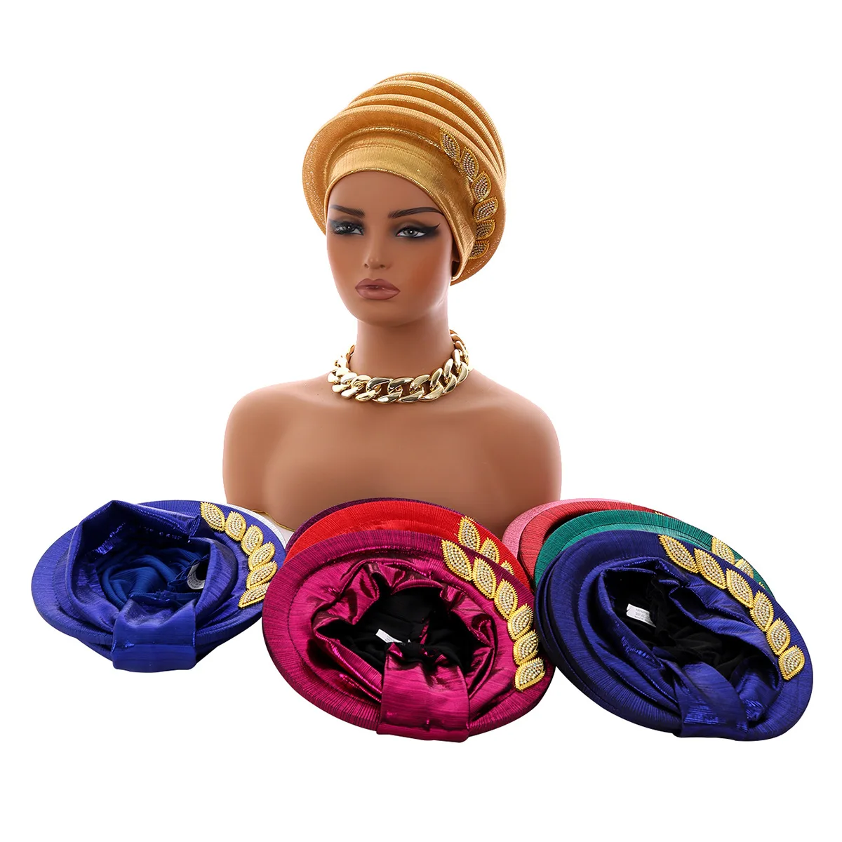 Elegant Spiral Beret Turban with Leaf Diamond Design – African Women’s Headwrap for Weddings & Parties
