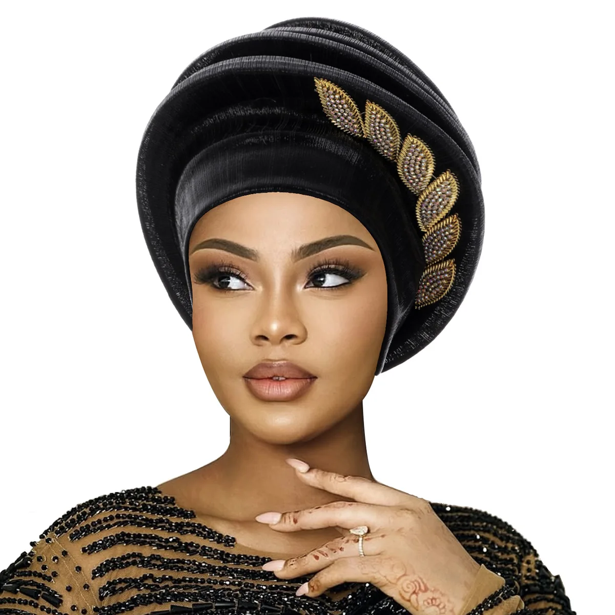 Elegant Spiral Beret Turban with Leaf Diamond Design – African Women’s Headwrap for Weddings & Parties