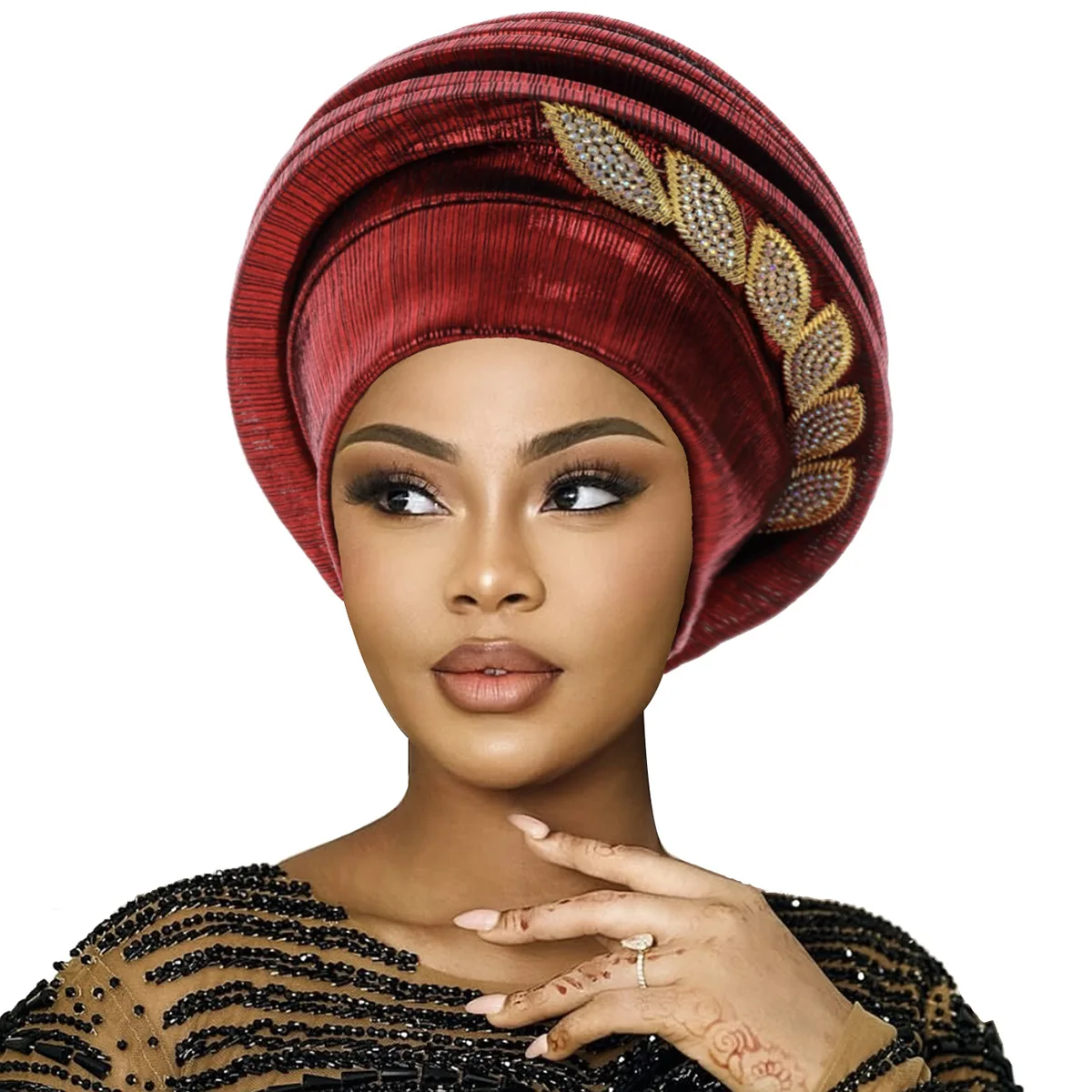 Elegant Spiral Beret Turban with Leaf Diamond Design – African Women’s Headwrap for Weddings & Parties