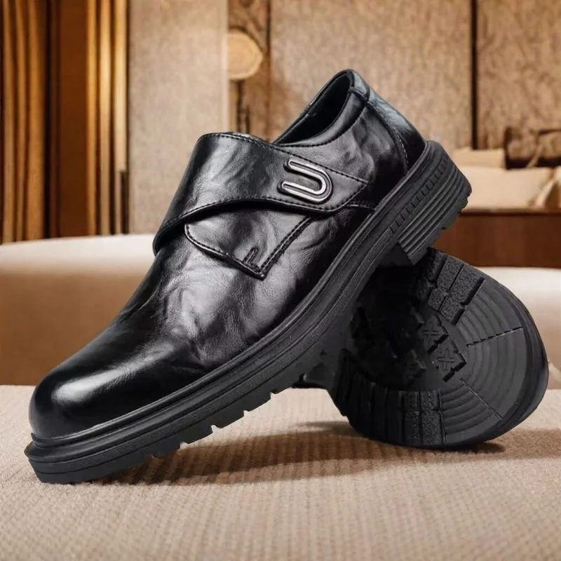 Men’s Black Leather Velcro Shoes – Breathable Low-Top Comfort Trainers