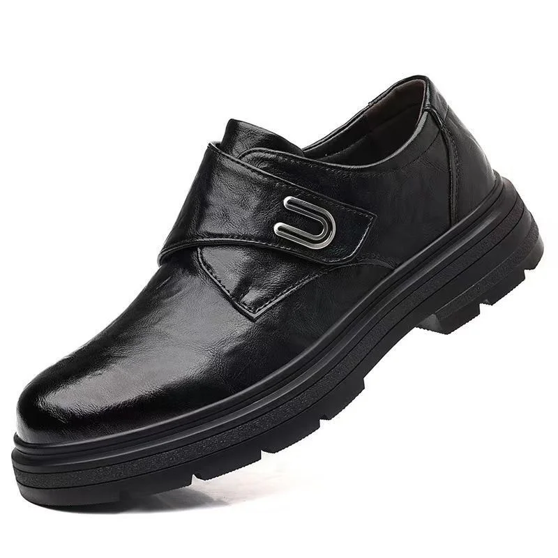 Men’s Black Leather Velcro Shoes – Breathable Low-Top Comfort Trainers