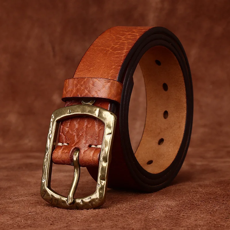 Men’s Genuine Leather Belt with Brass Pin Buckle – Premium Vintage Cowhide Strap for Jeans & Casual Wear