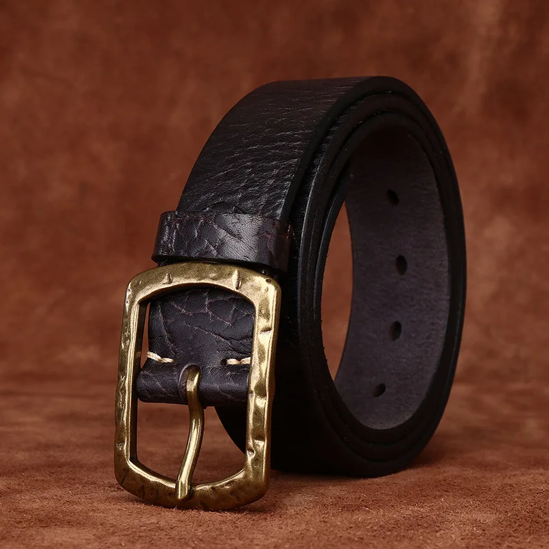 Men’s Genuine Leather Belt with Brass Pin Buckle – Premium Vintage Cowhide Strap for Jeans & Casual Wear