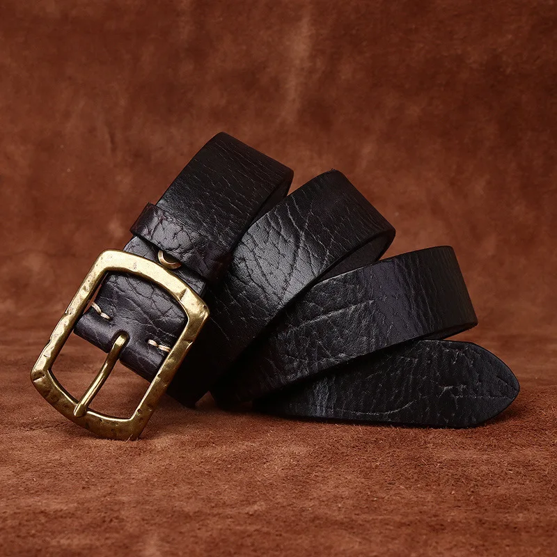 Men’s Genuine Leather Belt with Brass Pin Buckle – Premium Vintage Cowhide Strap for Jeans & Casual Wear