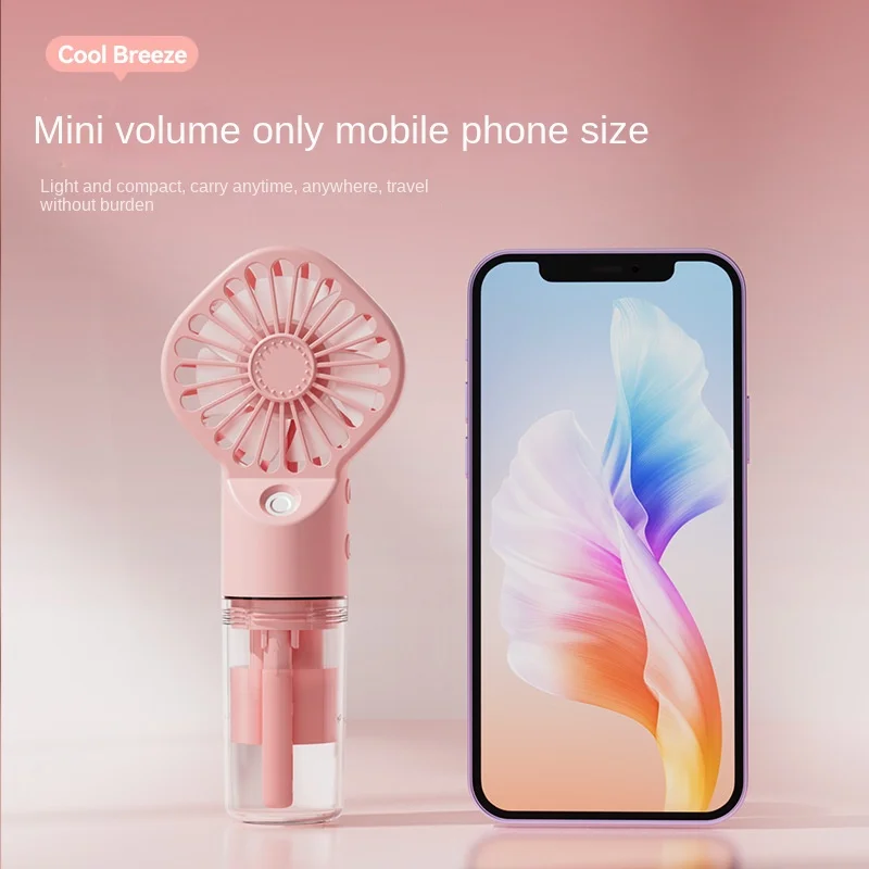 Mini 2-in-1 Handheld USB Rechargeable Misting Fan with Phone Stand – Portable Cooling Fan for Travel & Camping