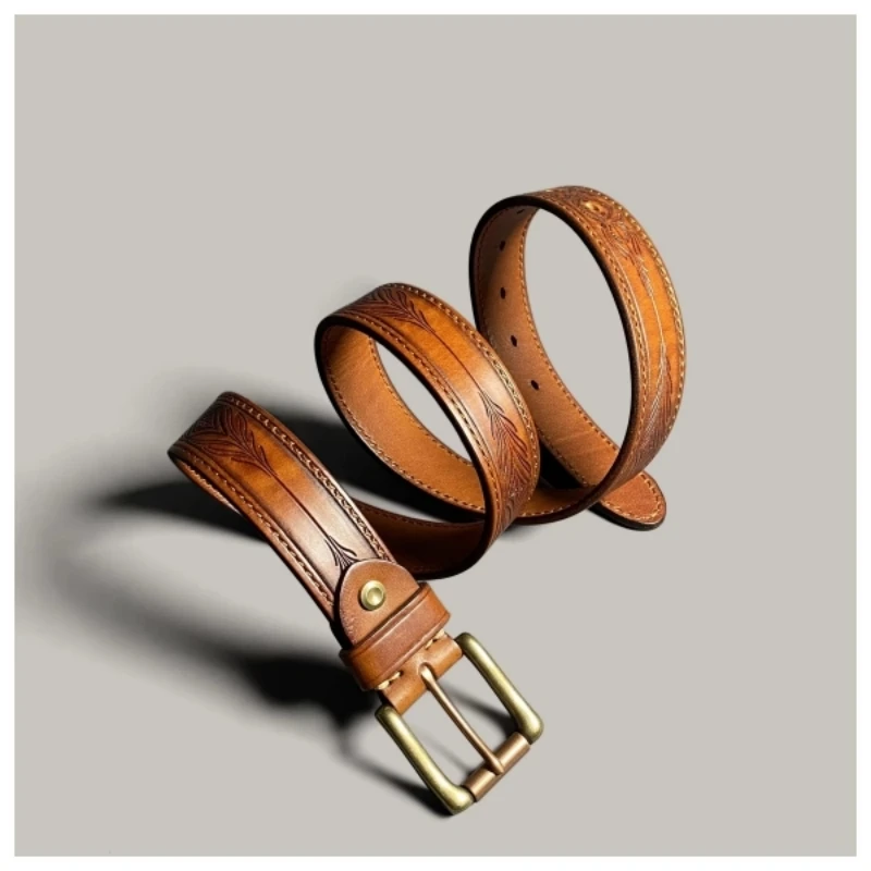 Vintage Handmade Genuine Leather Men’s Belt with Copper Buckle – Retro Cowhide Casual Jeans Belt