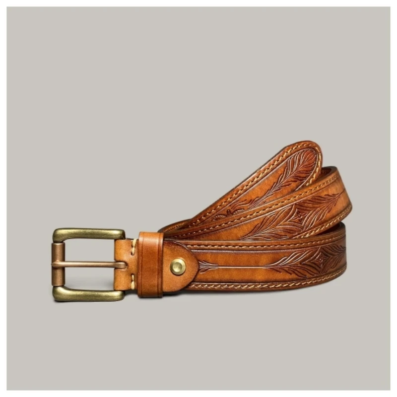 Vintage Handmade Genuine Leather Men’s Belt with Copper Buckle – Retro Cowhide Casual Jeans Belt