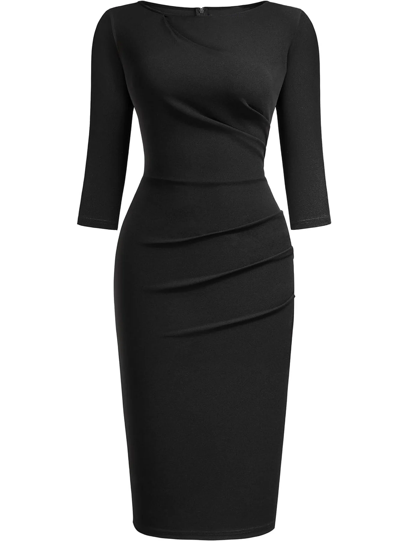 Womens Elegant Crew Neck 2/3 Sleeve Work Office Knee Length Solid Business Casual Party Ruched Pencil Bodycon Sheath Dress