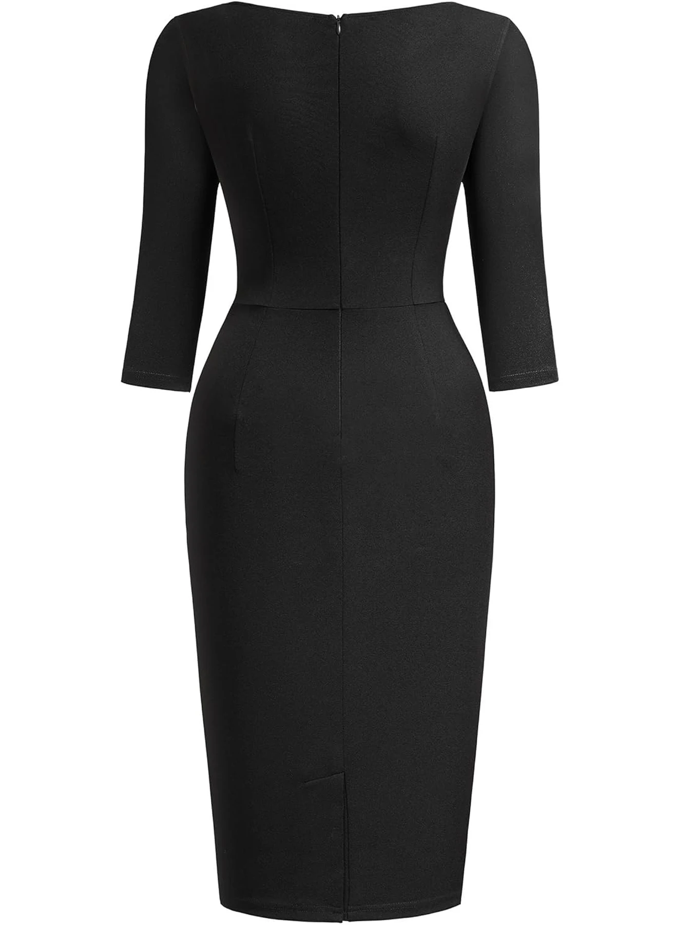 Womens Elegant Crew Neck 2/3 Sleeve Work Office Knee Length Solid Business Casual Party Ruched Pencil Bodycon Sheath Dress