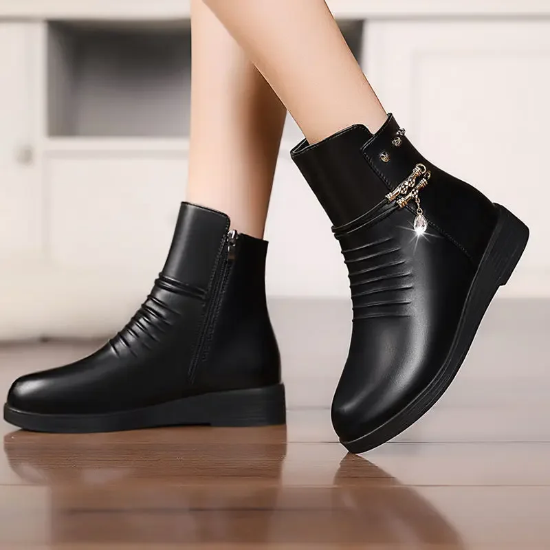 Women’s Genuine Leather Snow Boots – Winter Wool Lined Ankle Boots