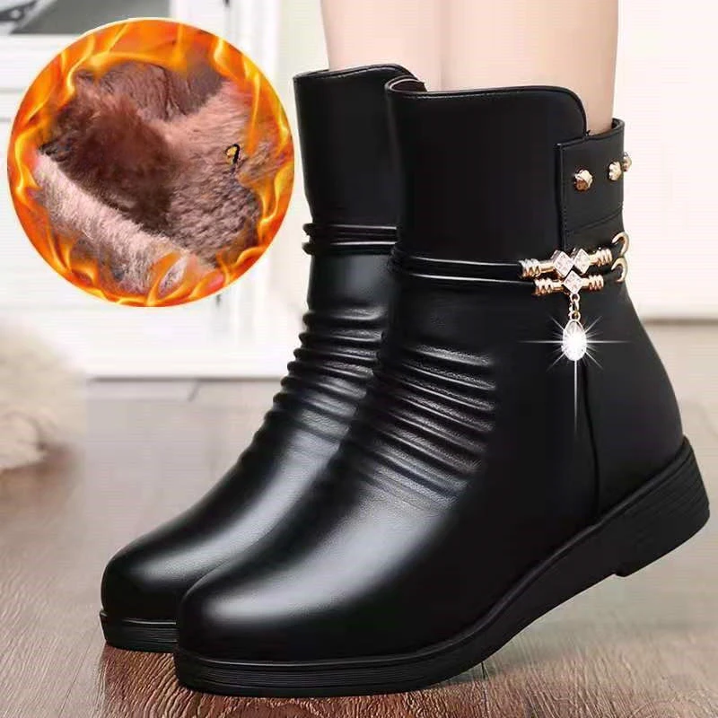 Women’s Genuine Leather Snow Boots – Winter Wool Lined Ankle Boots