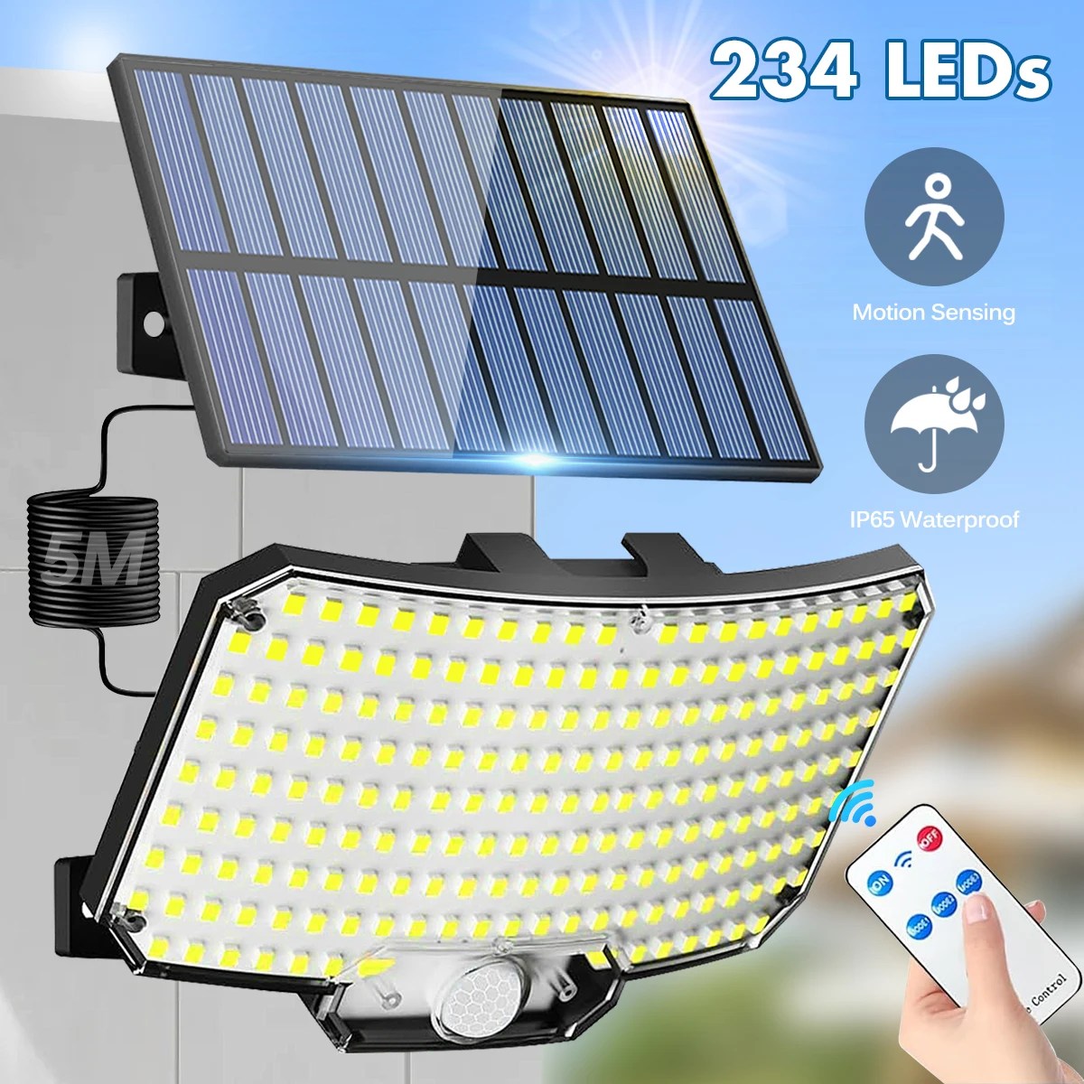 234 LED Solar Motion Sensor Outdoor Flood Lights with Remote – IP65 Waterproof Security Wall Lights, 3 Lighting Modes