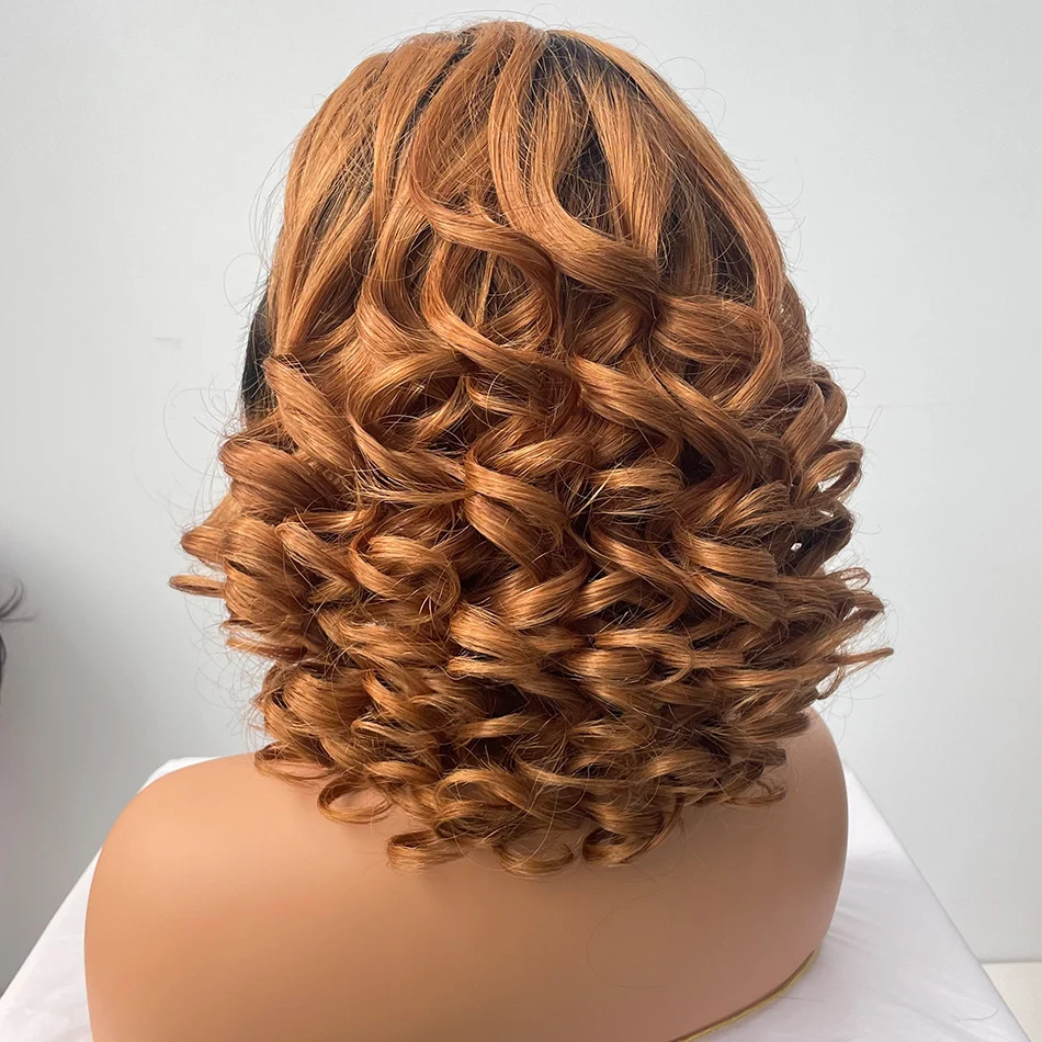 DreamDiana 10A Malaysian Hair Loose Wave Lace Frontal Wigs 180 Density 16″ Ombre Brown Bob Spring Coil 13X4 HD Lace Front Wigs