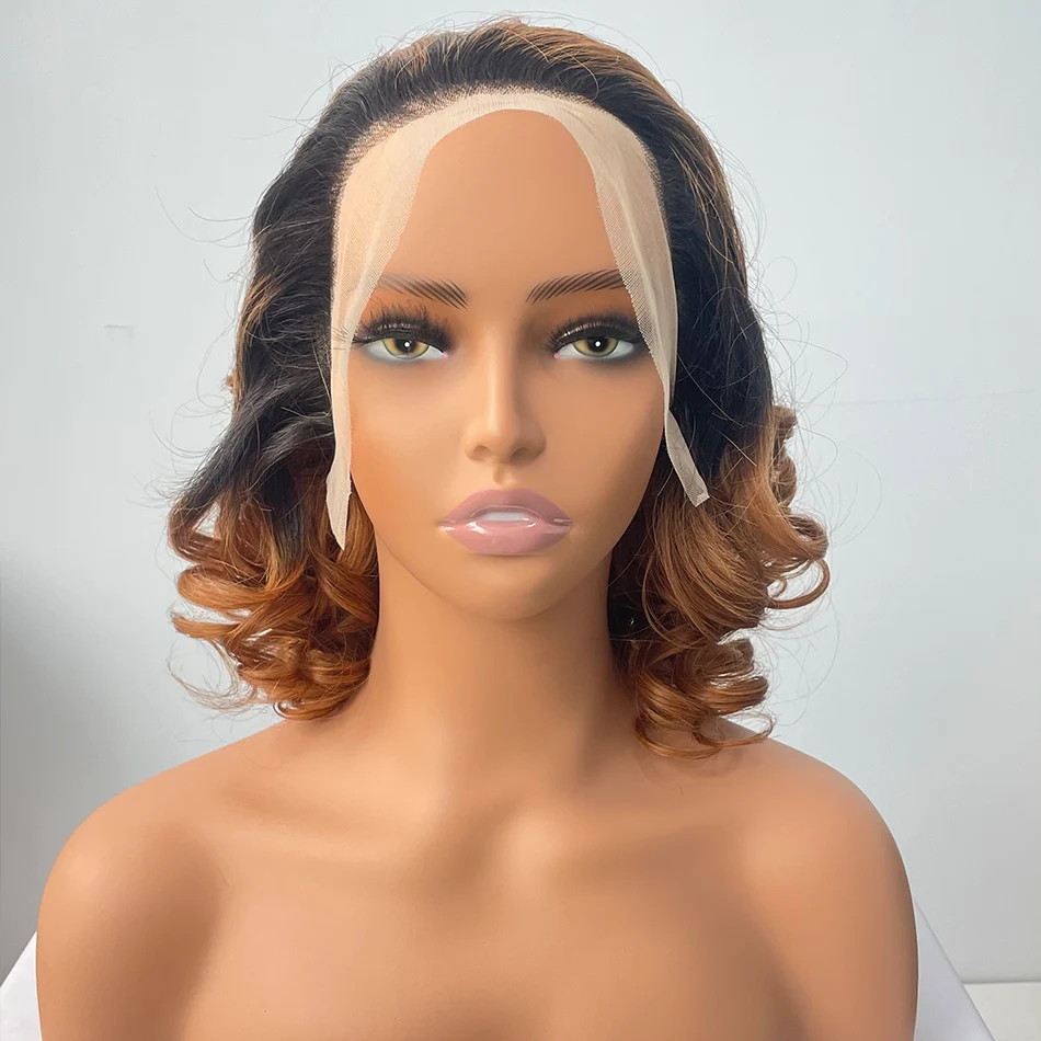DreamDiana 10A Malaysian Hair Loose Wave Lace Frontal Wigs 180 Density 16″ Ombre Brown Bob Spring Coil 13X4 HD Lace Front Wigs