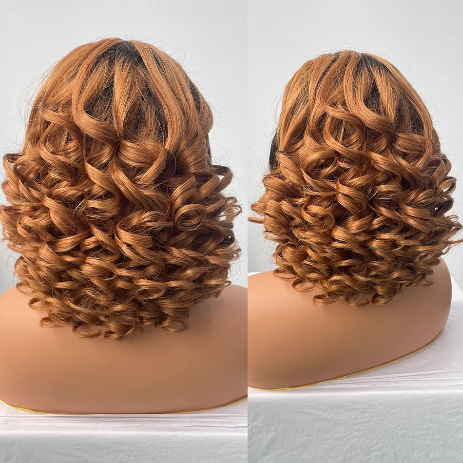 DreamDiana 10A Malaysian Hair Loose Wave Lace Frontal Wigs 180 Density 16″ Ombre Brown Bob Spring Coil 13X4 HD Lace Front Wigs