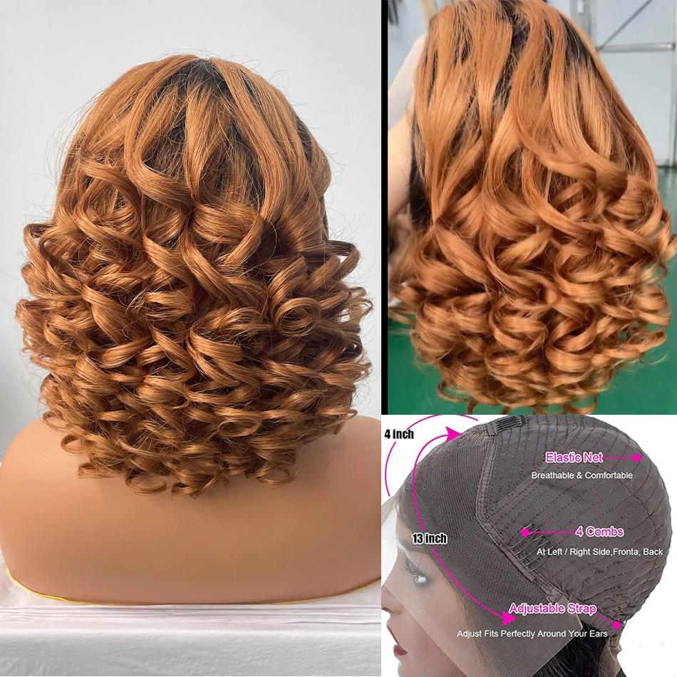 DreamDiana 10A Malaysian Hair Loose Wave Lace Frontal Wigs 180 Density 16″ Ombre Brown Bob Spring Coil 13X4 HD Lace Front Wigs